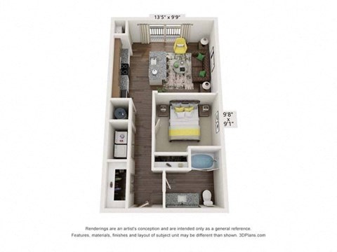 Floor plan for 1 bed, 1 bath, 600 sqft