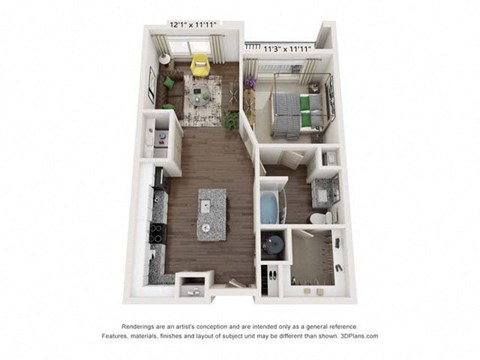 Floor plan for 1 bed, 1 bath, 712 sqft