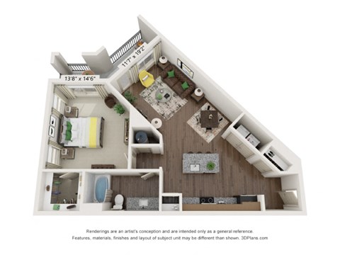 Floor plan for 1 bed, 1 bath, 814 sqft