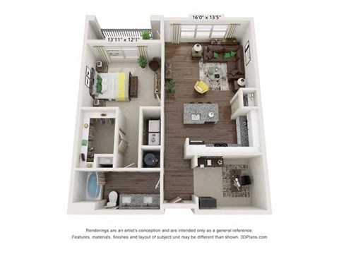 Floor plan for 1 bed, 1 bath, 839 sqft