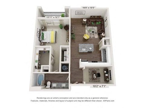 Floor plan for 1 bed, 1 bath, 901 sqft