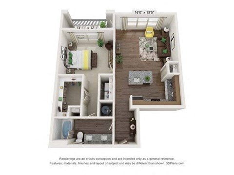 Floor plan for 1 bed, 1 bath, 839 sqft