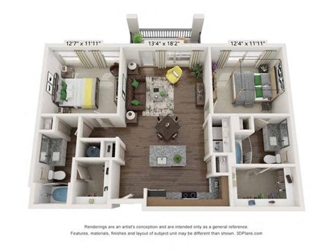 Floor plan for 2 beds, 2 baths, 1038 sqft