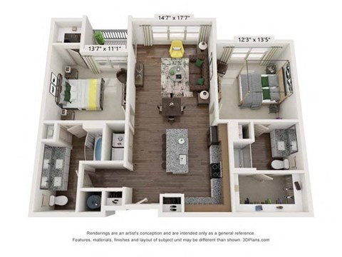 Floor plan for 2 beds, 2 baths, 1152 sqft