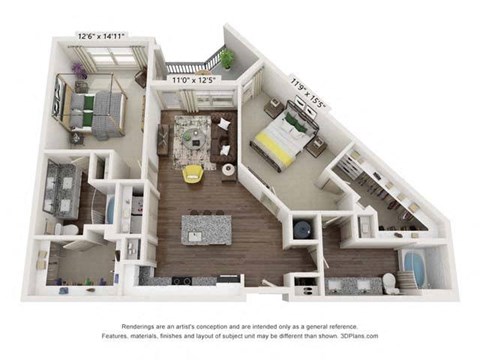 Floor plan for 2 beds, 2 baths, 1118 sqft