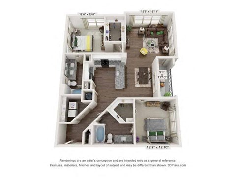 Floor plan for 2 beds, 2 baths, 1338 sqft