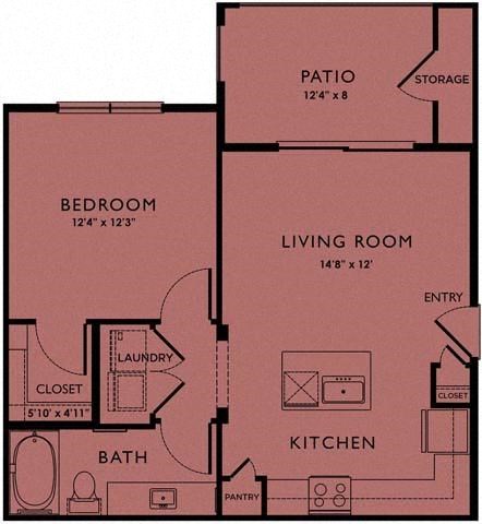 Floor plan for 1 bed, 1 bath, 625 sqft