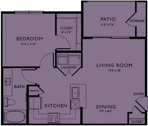 Floor plan for 1 bed, 1 bath, 695 sqft