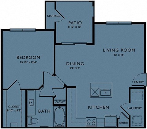 Floor plan for 1 bed, 1 bath, 835 sqft