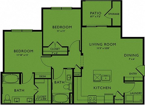 Floor plan for 2 beds, 2 baths, 980 sqft