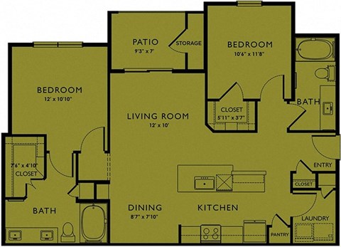 Floor plan for 2 beds, 2 baths, 1085 sqft