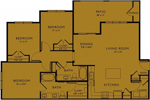 Floor plan for 3 beds, 2 baths, 1295 sqft