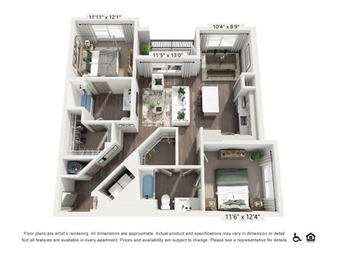 Floor plan for 2 beds, 2 baths, 1082 sqft