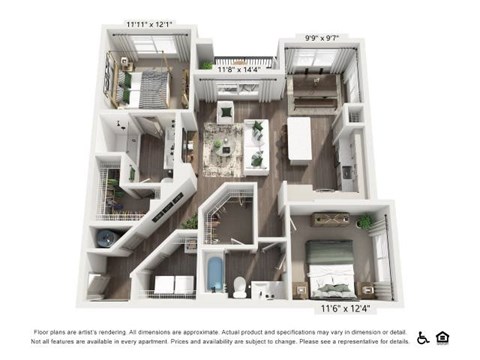 Floor plan for 2 beds, 2 baths, 1095 sqft