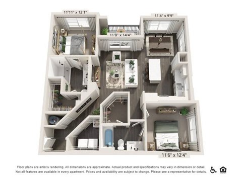 Floor plan for 2 beds, 2 baths, 1128 sqft