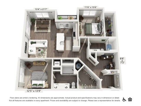 Floor plan for 2 beds, 2 baths, 1313 sqft