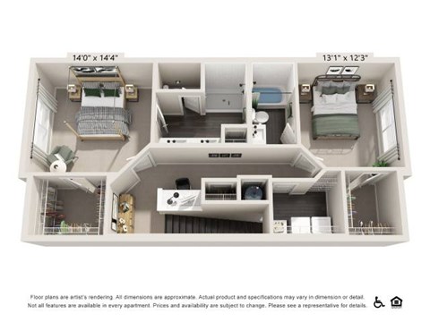 Floor plan for 2 beds, 2.5 baths, 1535 sqft