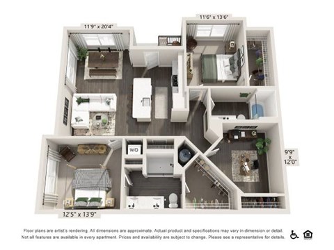 Floor plan for 2 beds, 2 baths, 1279 sqft