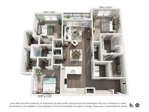 Floor plan for 3 beds, 2.5 baths, 1490 sqft