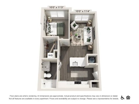Floor plan for 1 bed, 1 bath, 580 sqft