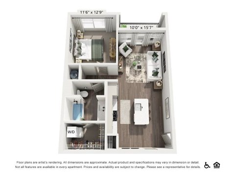 Floor plan for 1 bed, 1 bath, 667 sqft
