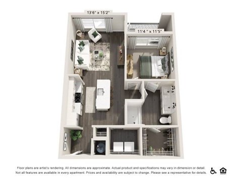 Floor plan for 1 bed, 1 bath, 763 sqft