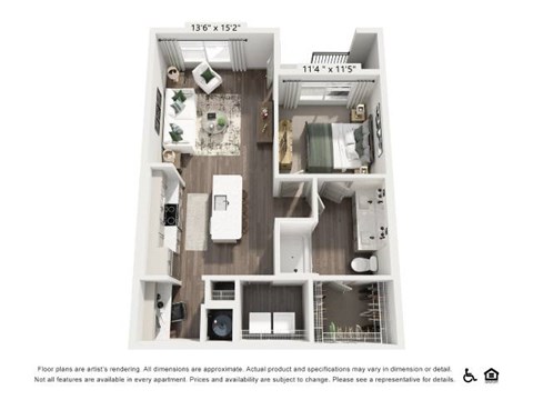 Floor plan for 1 bed, 1 bath, 763 sqft