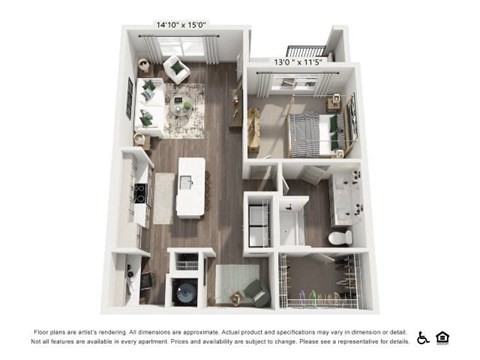 Floor plan for 1 bed, 1 bath, 845 sqft