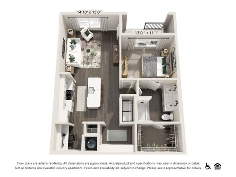 Floor plan for 1 bed, 1 bath, 853 sqft