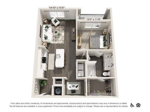 Floor plan for 1 bed, 1 bath, 853 sqft