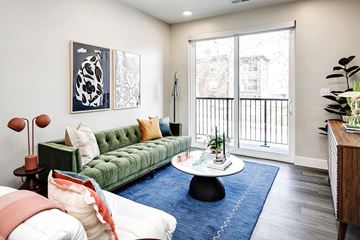 Omaha apartment for rent - A living room with a green couch and a blue rug.