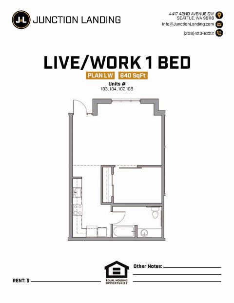Floor plan for 1 bed, 1 bath, 646 sqft