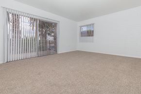 Tucson apartment for rent - A room with a carpeted floor and a window with blinds.