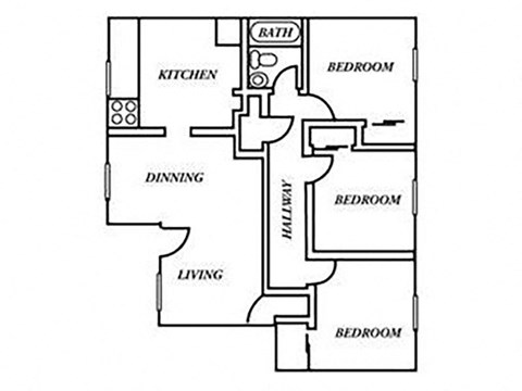 Floor plan for 3 beds, 1 bath, 1200 sqft