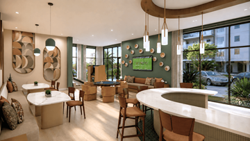 Estero apartment for rent - A modern dining area with a curved table and chairs.