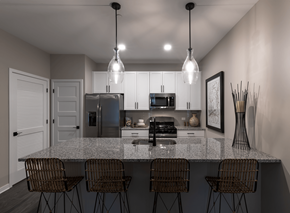 Warrenville apartment for rent - an open kitchen with a granite counter top and a bar with 5 chairs