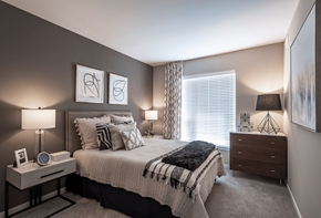 Warrenville apartment for rent - a bedroom with a bed and a dresser and a window
