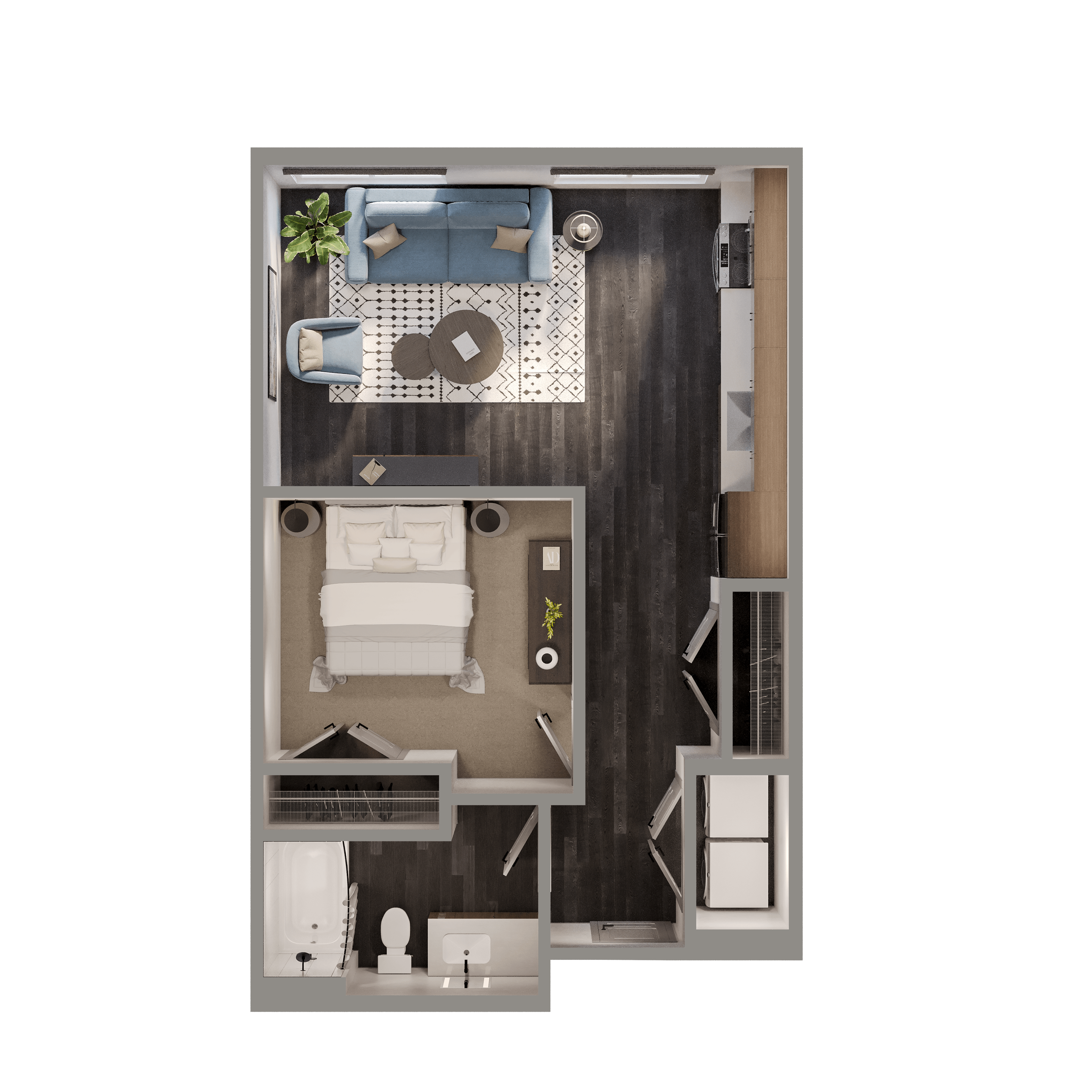 Floor plan for studio, 1 bath, 600 sqft