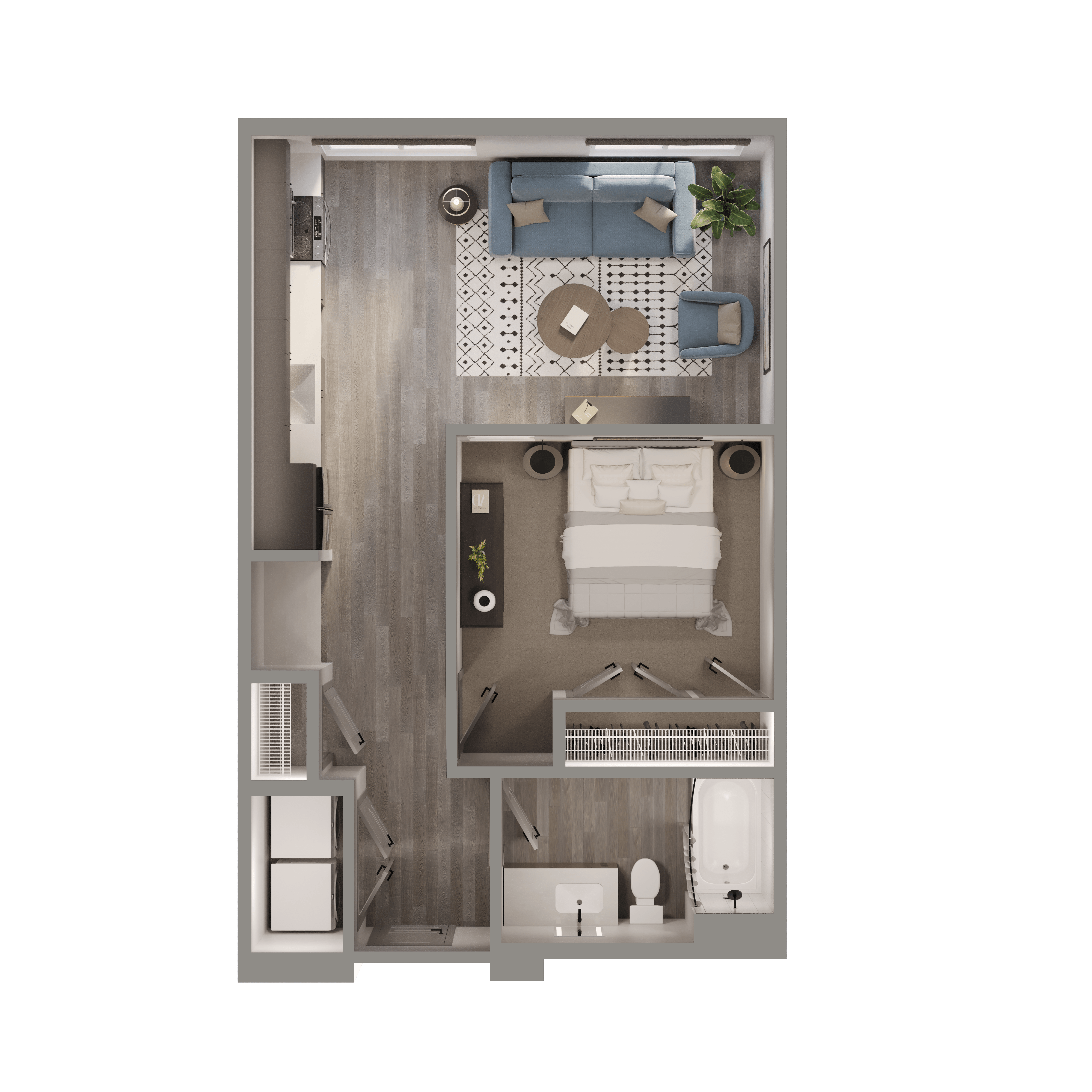 Floor plan for studio, 1 bath, 607 sqft