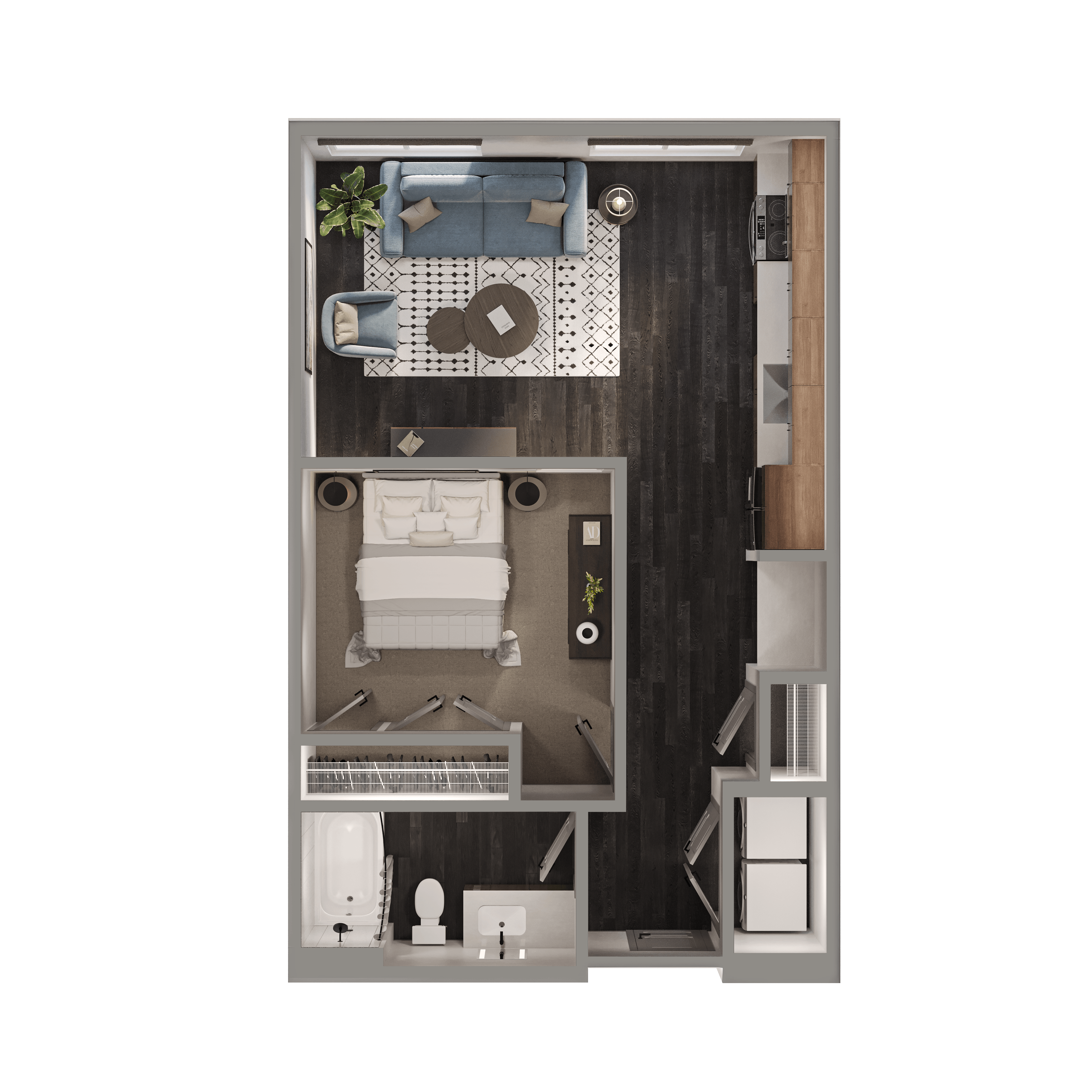 Floor plan for studio, 1 bath, 614 sqft