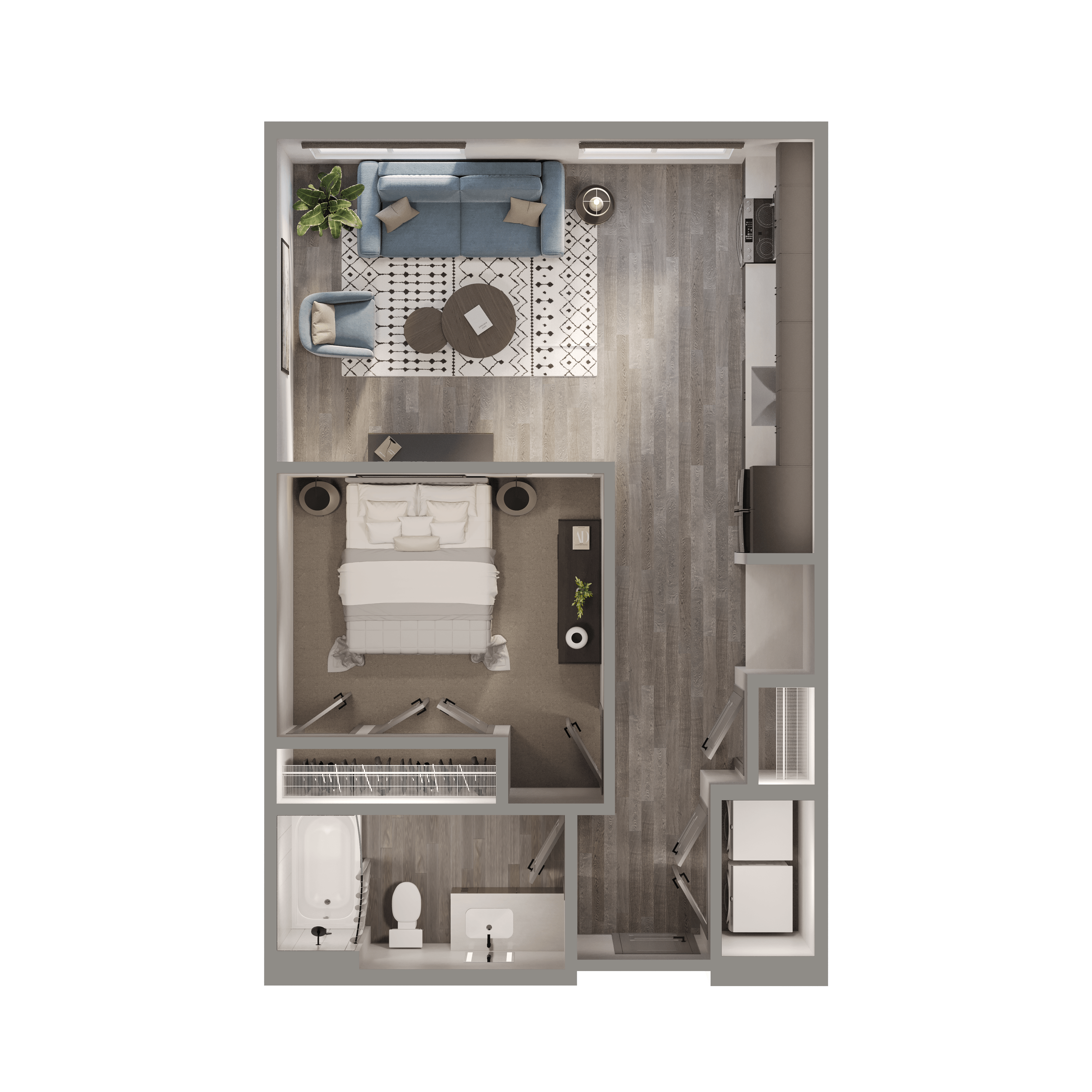 Floor plan for studio, 1 bath, 629 sqft