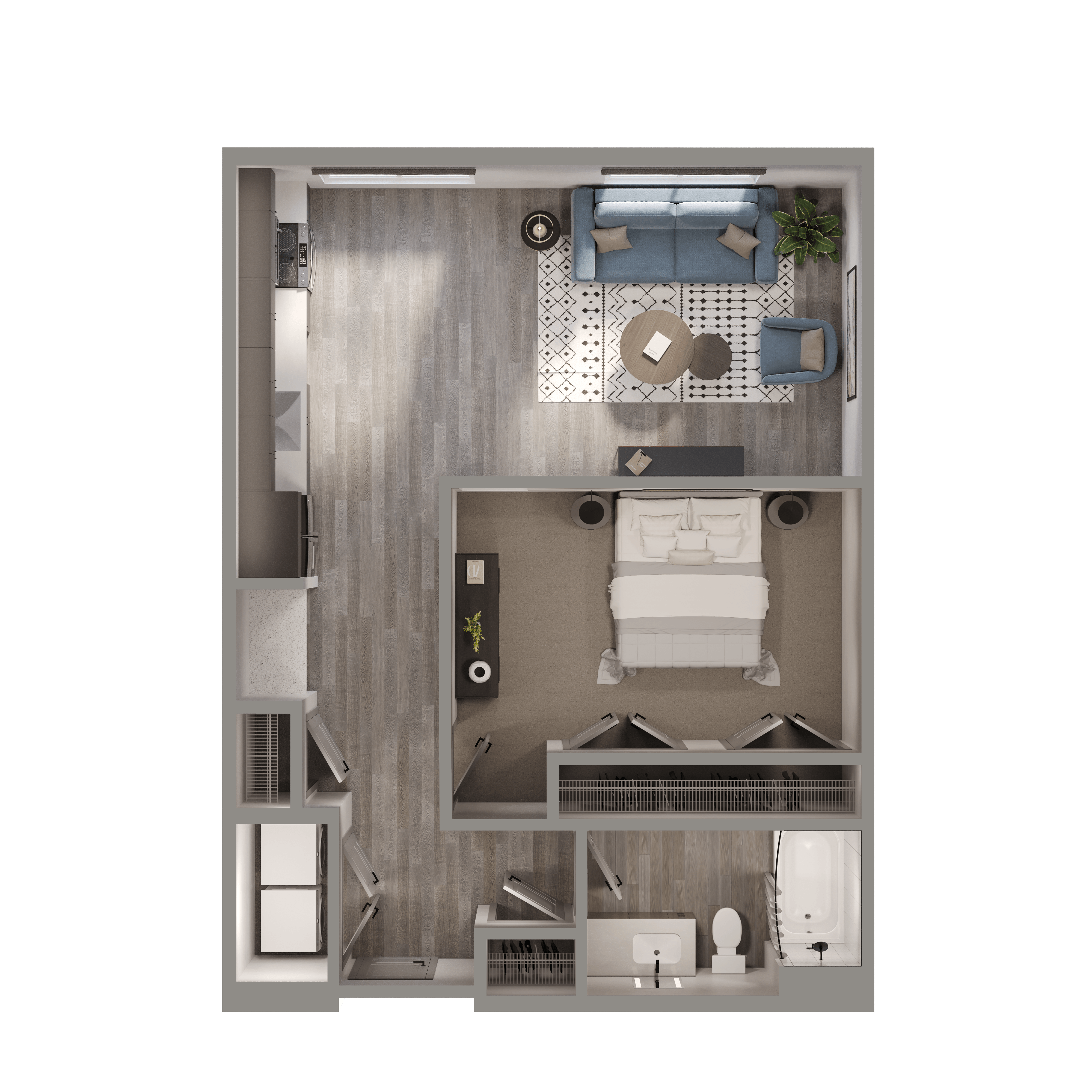 Floor plan for studio, 1 bath, 728 sqft