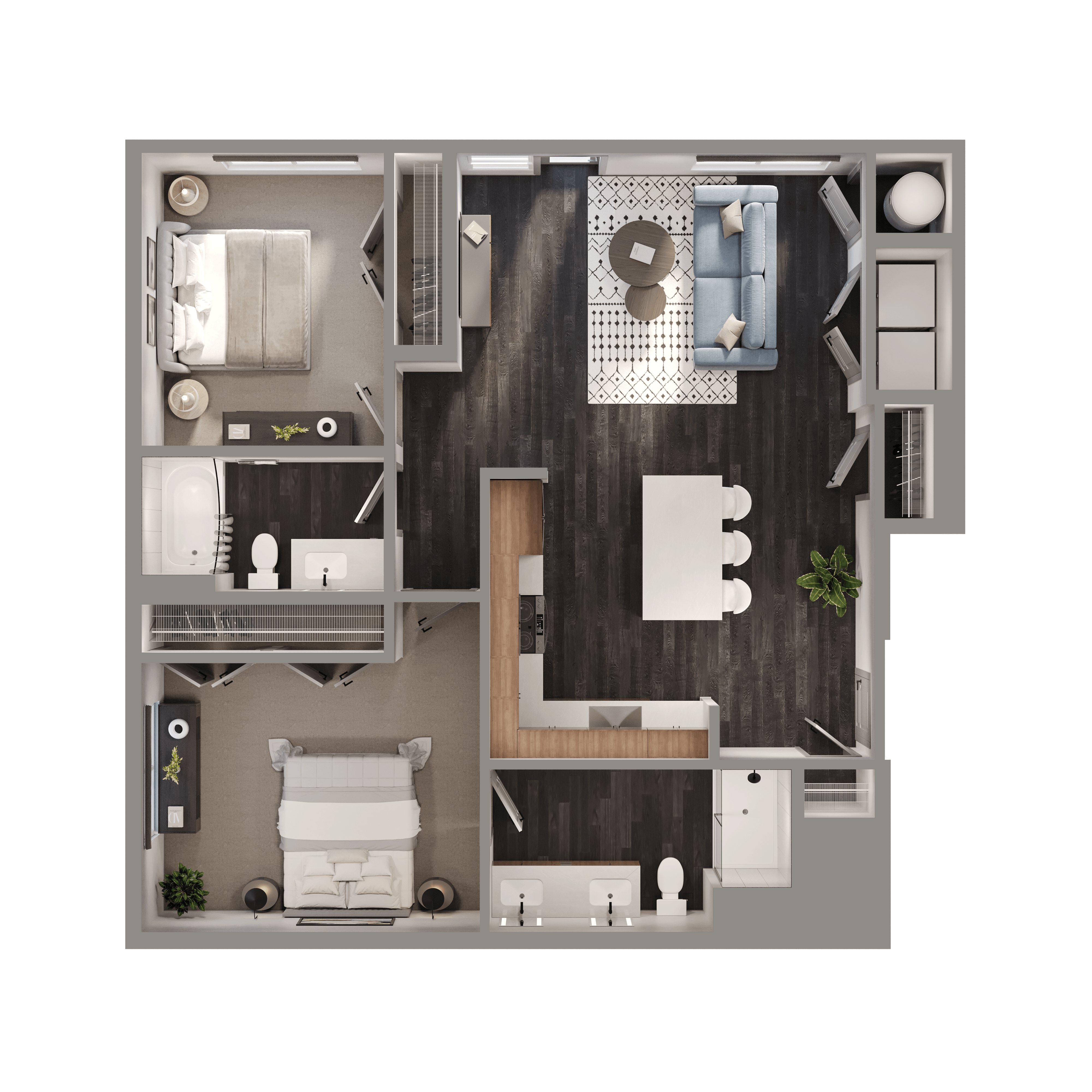 Floor plan for 2 beds, 2 baths, 1070 sqft
