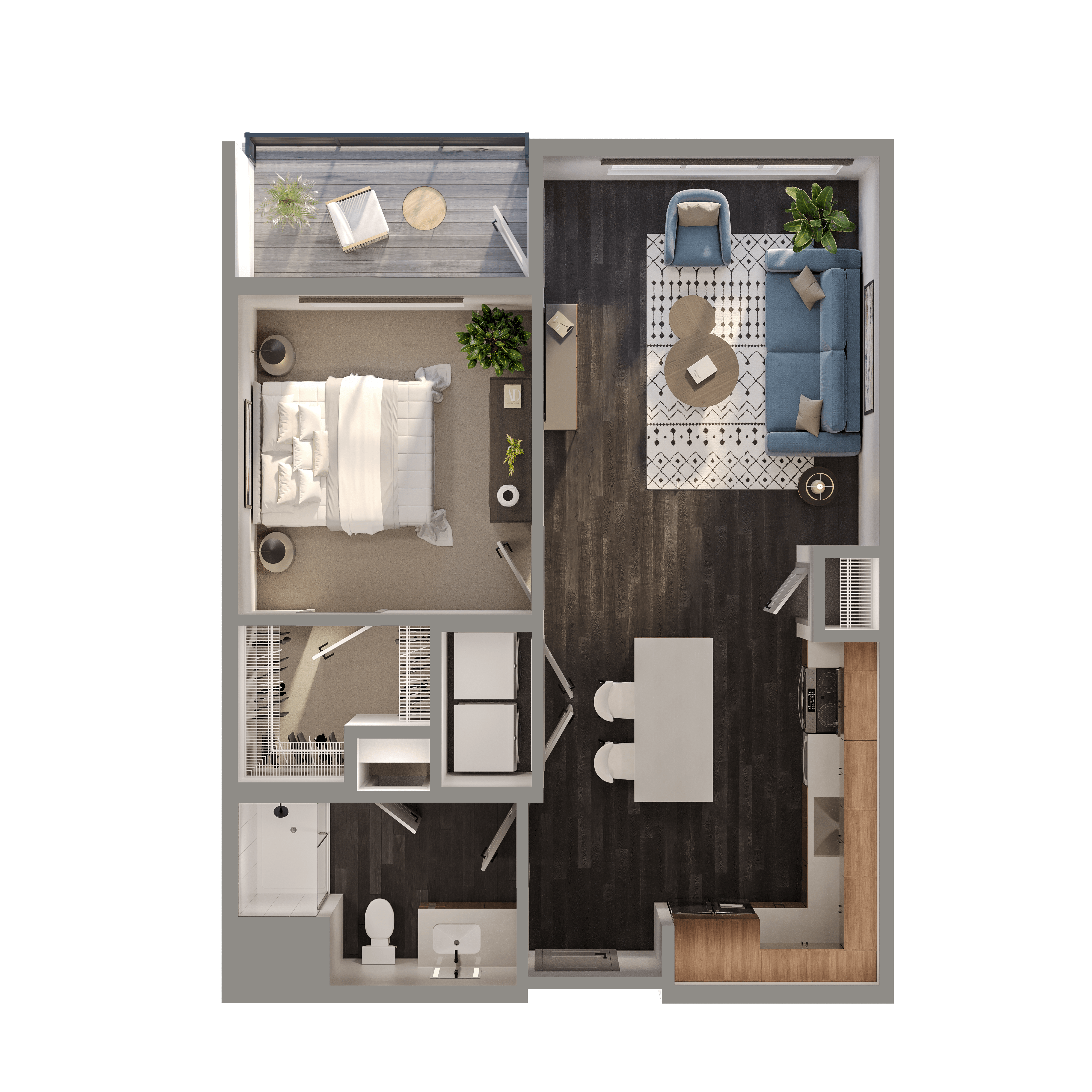 Floor plan for 1 bed, 1 bath, 691 sqft