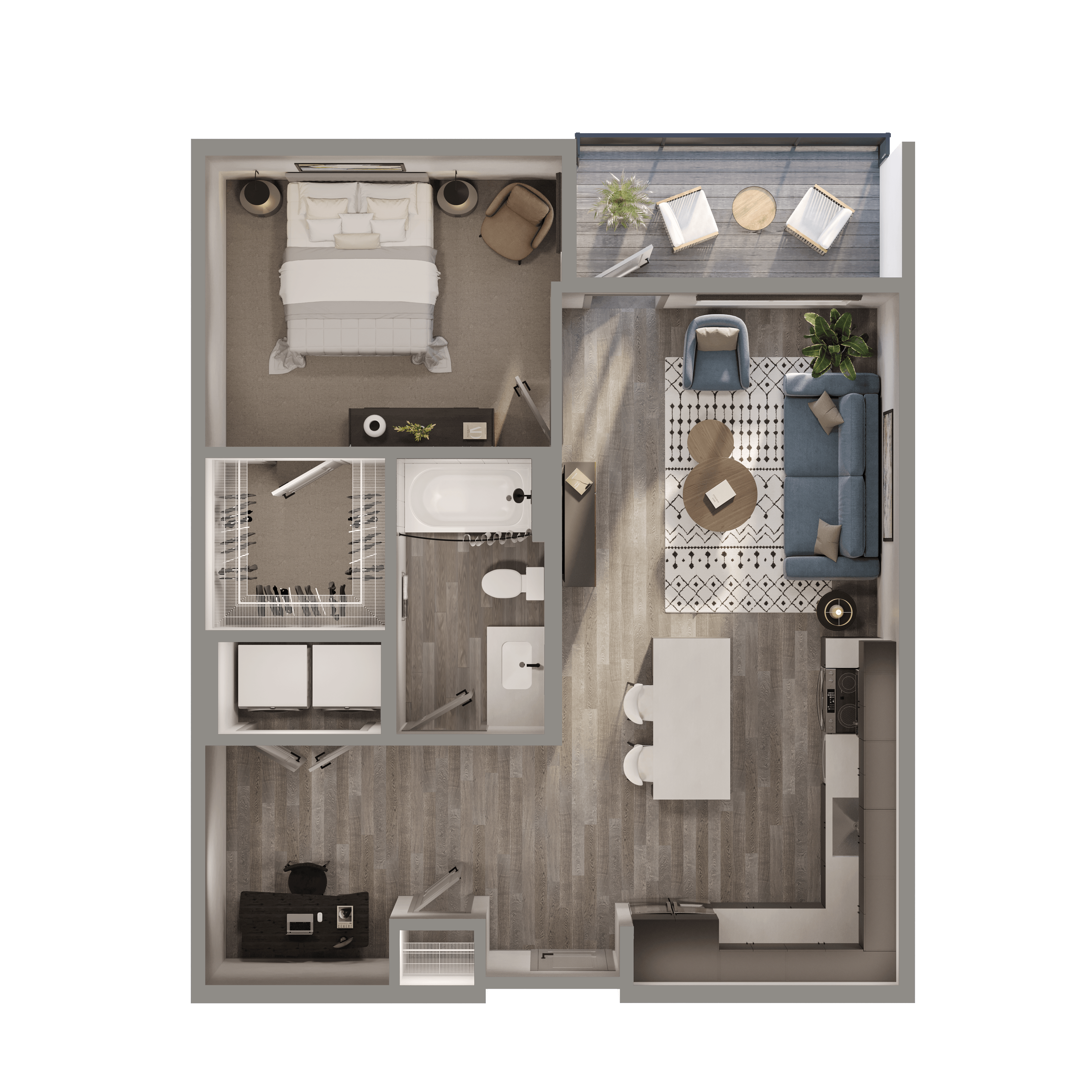 Floor plan for 1 bed, 1 bath, 744 sqft