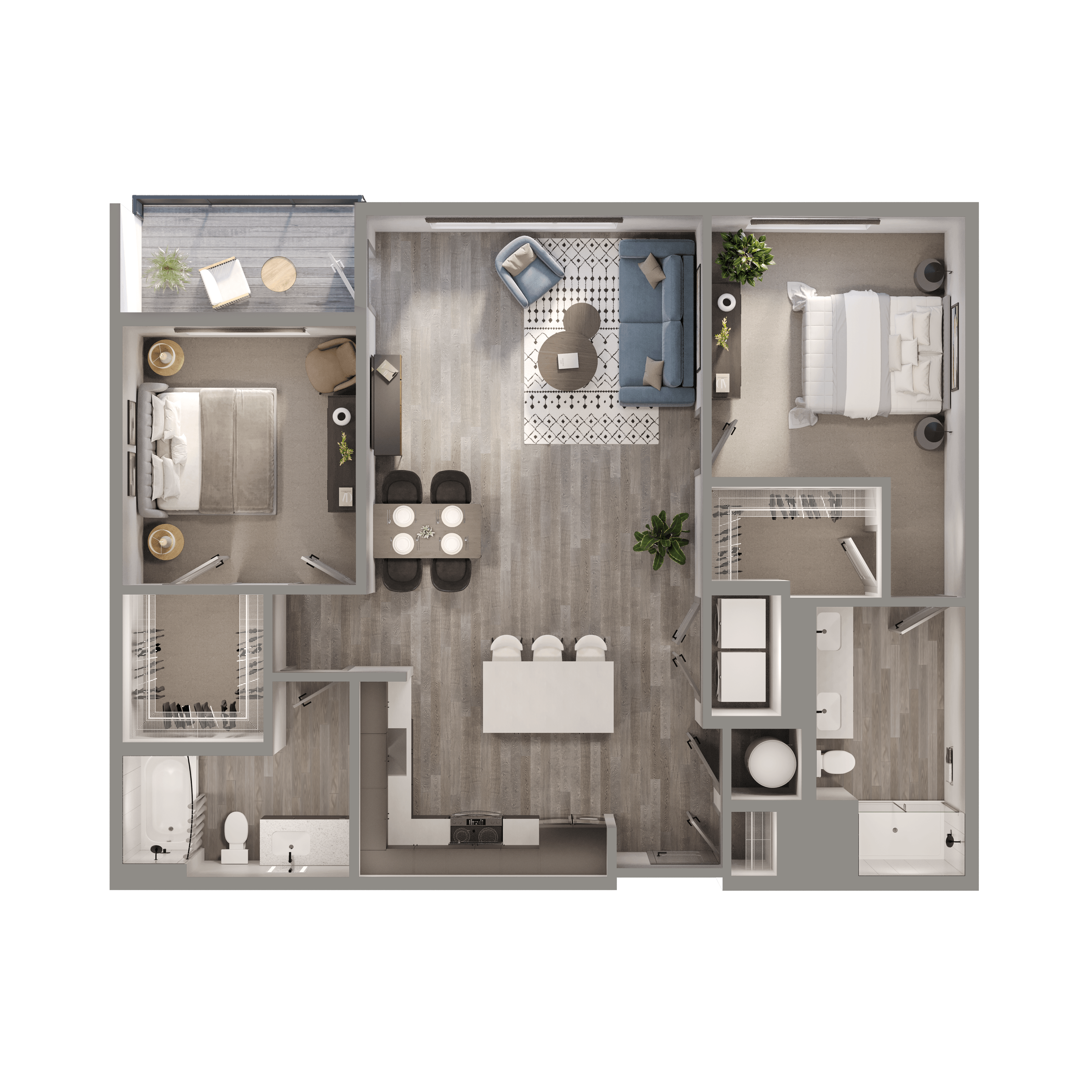 Floor plan for 2 beds, 2 baths, 1162 sqft