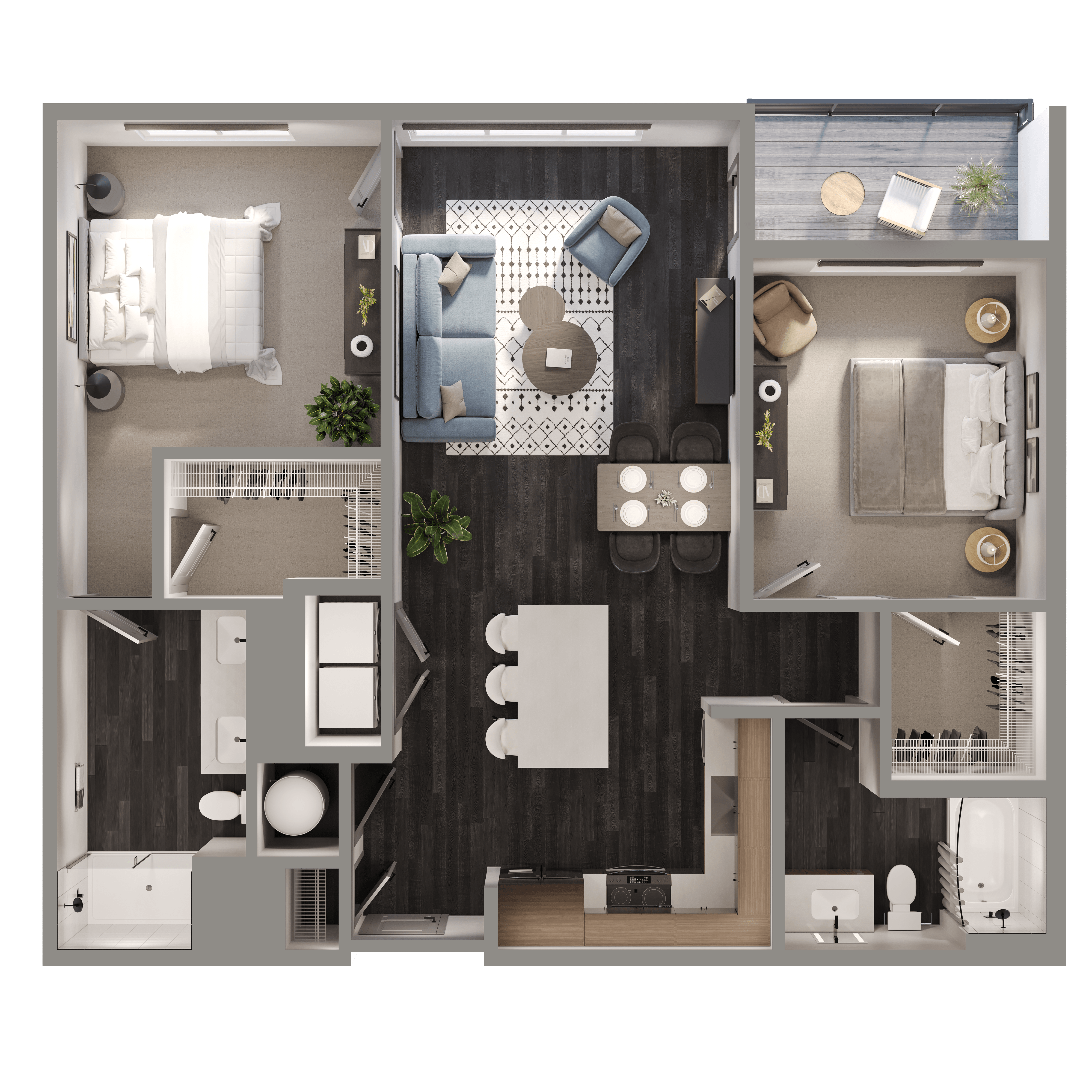 Floor plan for 2 beds, 2 baths, 1091 sqft
