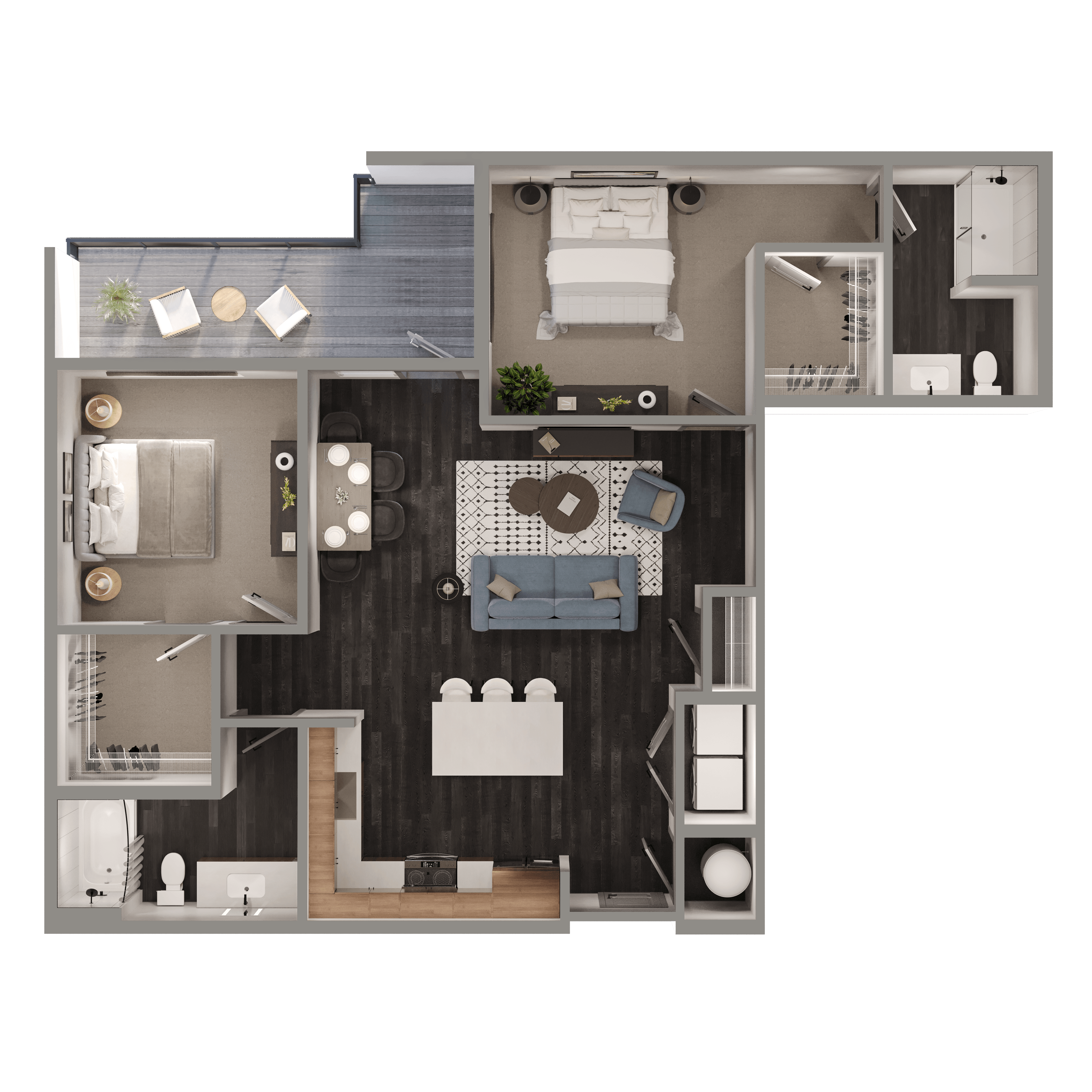 Floor plan for 2 beds, 2 baths, 1102 sqft