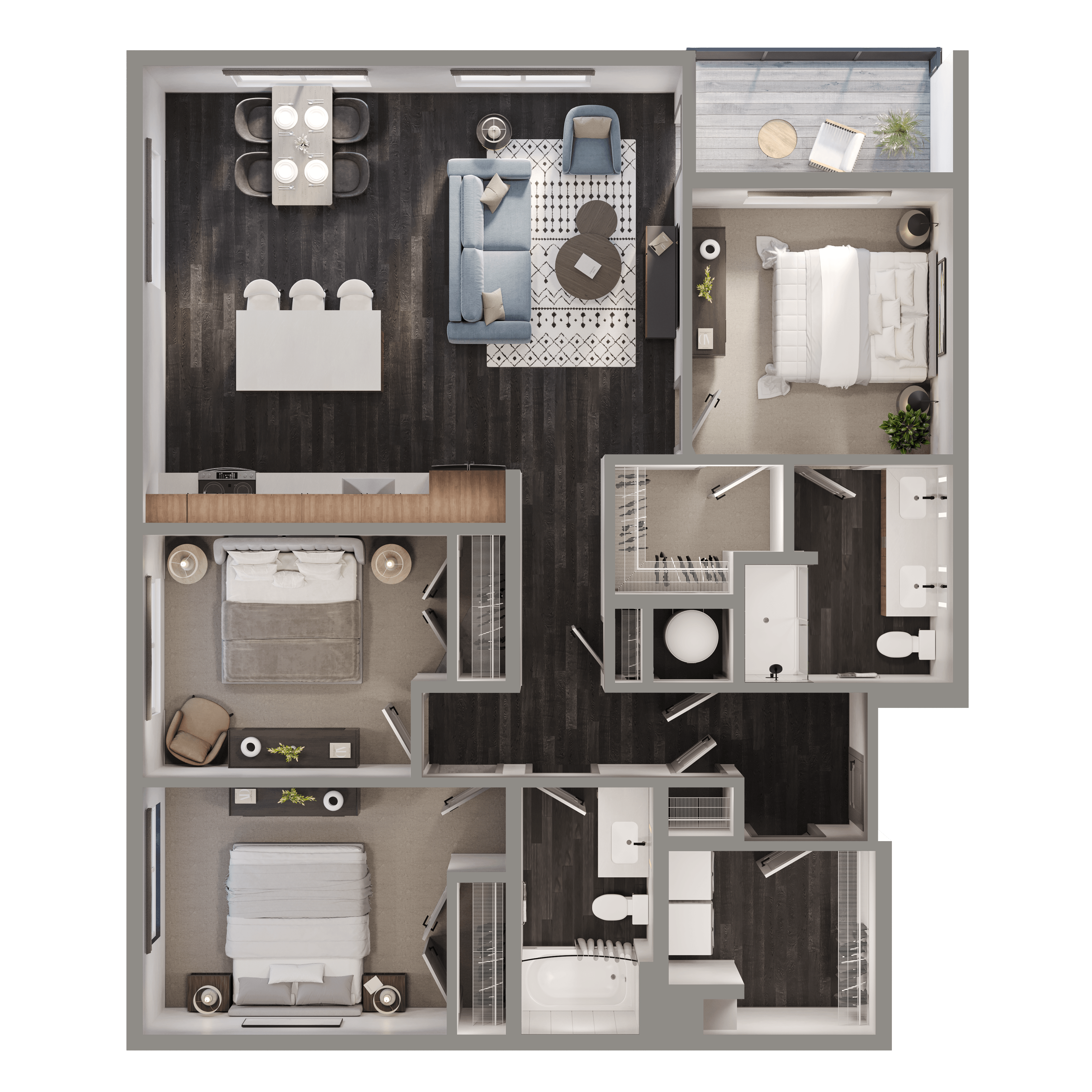 Floor plan for 3 beds, 2 baths, 1290 sqft