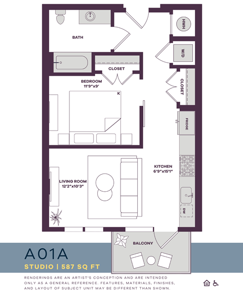 Floor plan for studio, 1 bath, 587 sqft